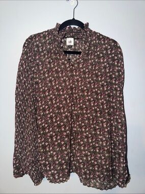 CAbi Pink and Green Floral Long-Sleeve Knife Pleat Blouse